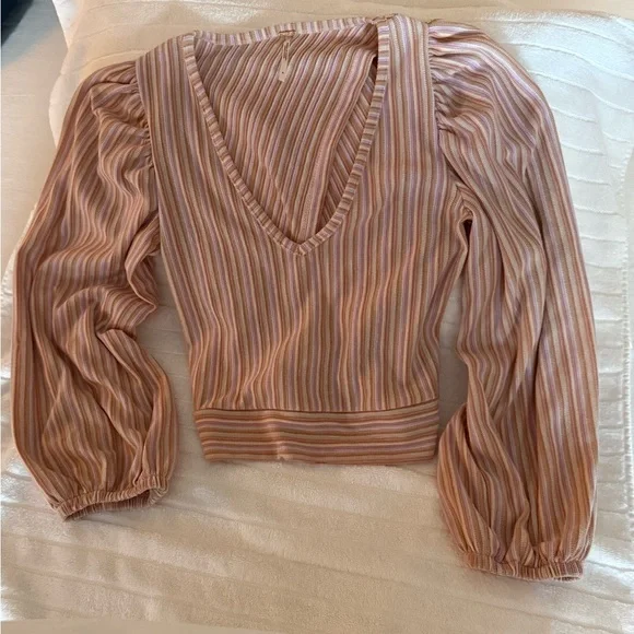 Free People Autumn Nights Striped Puff Sleeve Tie-Back Top - Orchid Rain - Picture 8 of 8